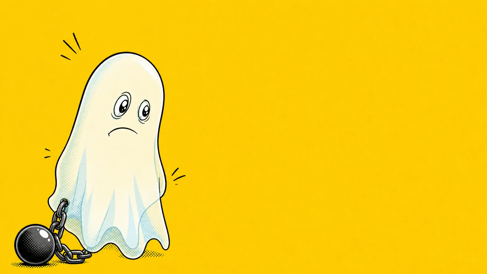 Fantasma triste sujeto a una bola y una cadena sobre fondo amarillo