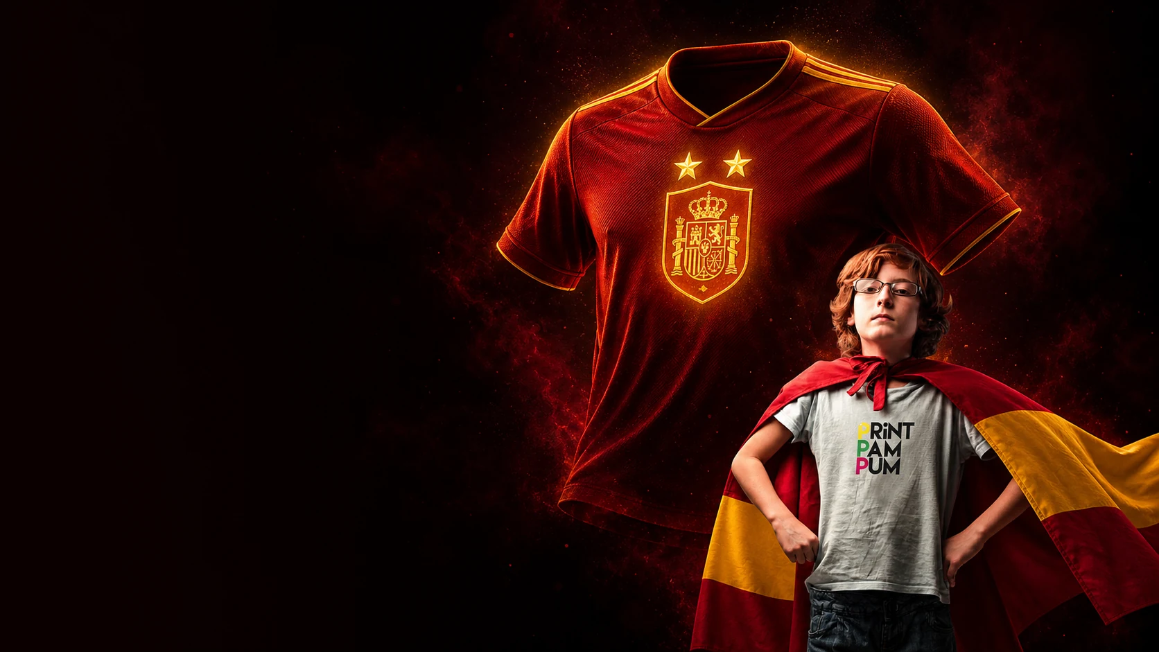 Camiseta roja con dos estrellas doradas y niño de Print Pam Pum con bandera de España